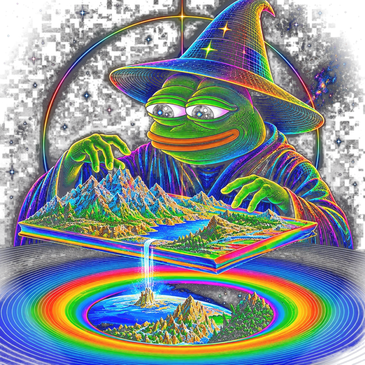 A neon green wizard frog shaping a miniature mountain world above a rainbow portal